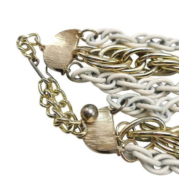 White Enamel Gold Tone Multi-Strand Bib Chunky Chain Necklace Vintage - Picture 7 of 9